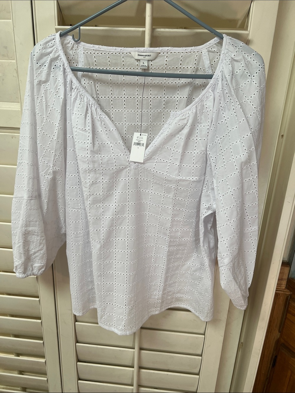 Banana Republic White Eyelet V-Neck Peasant Blouse